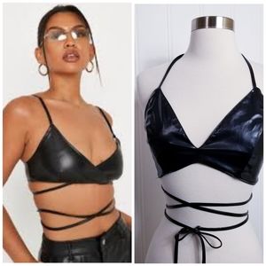 Top Chic Bralette Top Size M Faux Leather Wrap Tie Y2K Festival Goth Black Strap